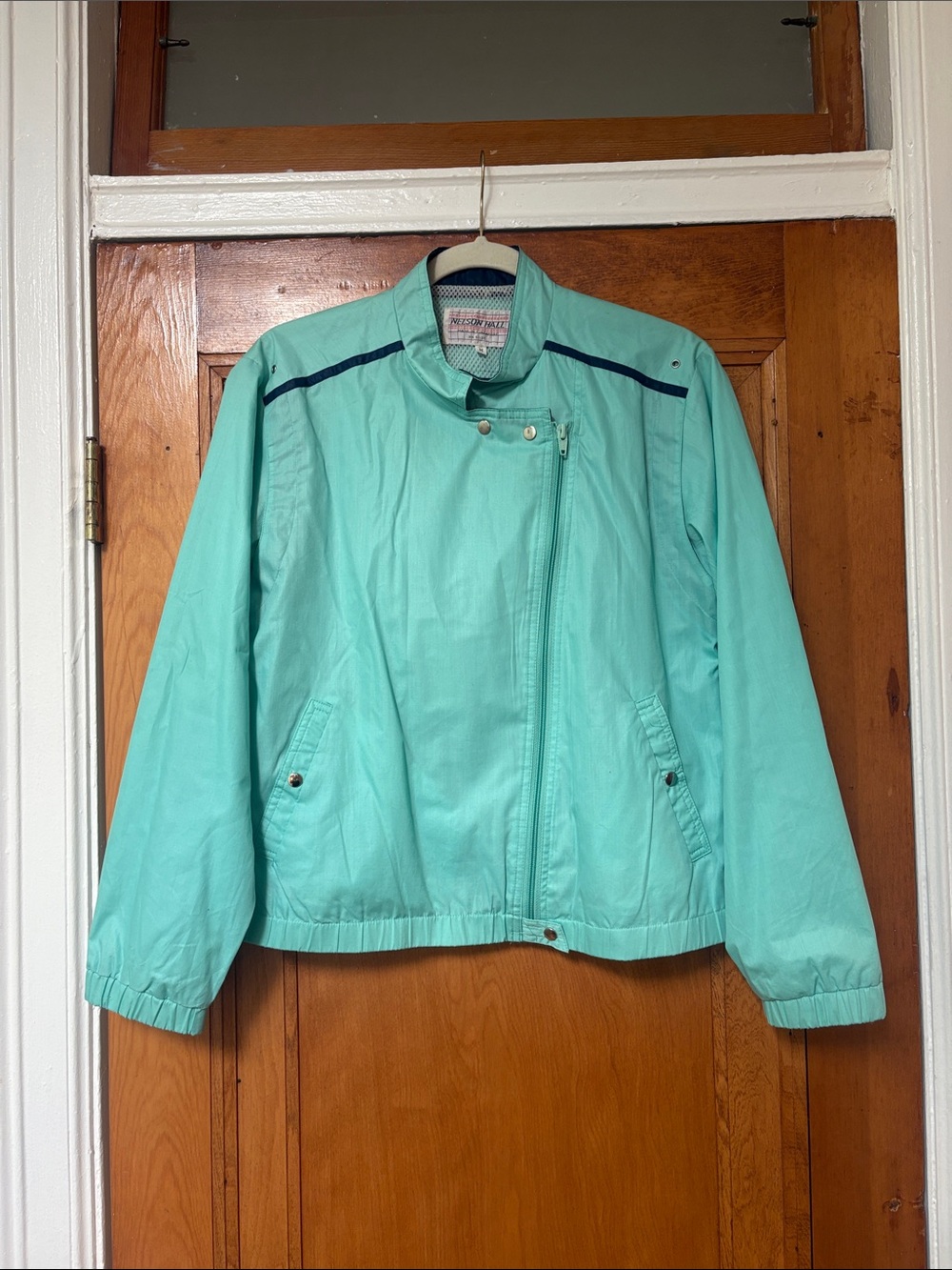 Vintage Nelson Hall Medium Women’s Mint Teal Bomber Jacket with Asymmetric Zip